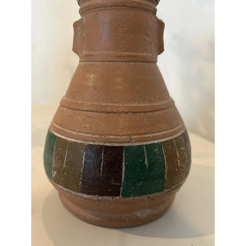 Vintage Ceramic Pottery Art Handmade Vase Colorful Teal Green, Purple, Brown
